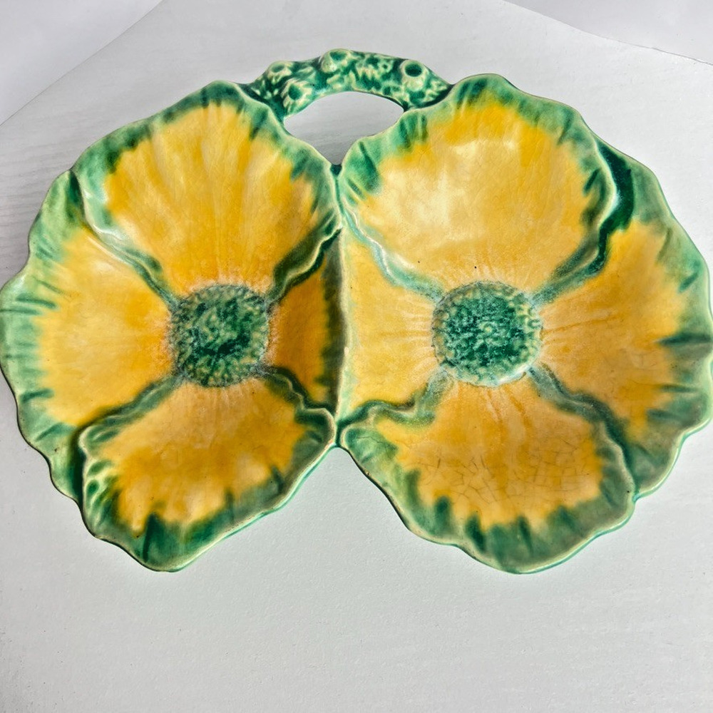 Avonware England Floral Double Relish Dish Handled Blue Green Yellow Vintage